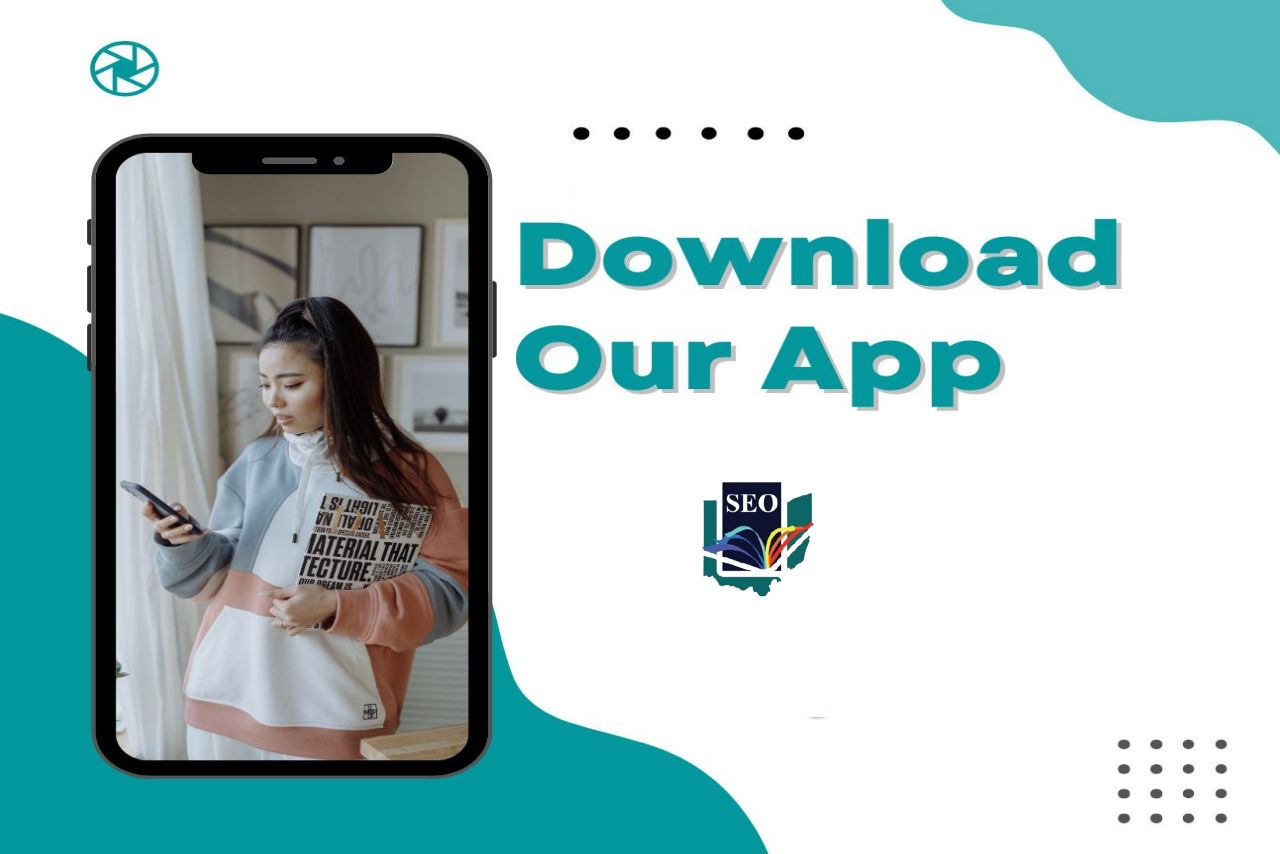 A cell phone screen showing a young woman holding a cell phone. Download our app. SEO Libraries logo