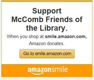 Amazon Smile logo and text. Support McComb Friends of the Library. When you shop at smile.amazon.com, Amazon donates.