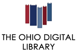 Books lined up in the shape of Ohio. Text reads the Ohio Digital Library